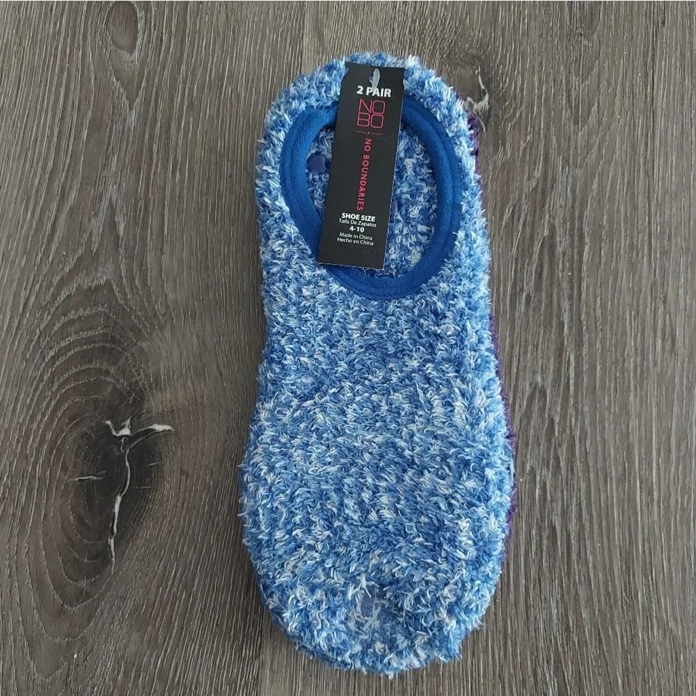 NEW No Boundaries 2 Pair Fuzzy Cozy Gripper Socks Blue/Purple Shoe Size 4-10